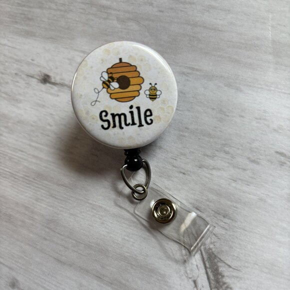 Beehive “Smile” Badge Reel - Cute Bee ID Holder | Nurse, Teacher, Office Gift - Picture 1 of 3